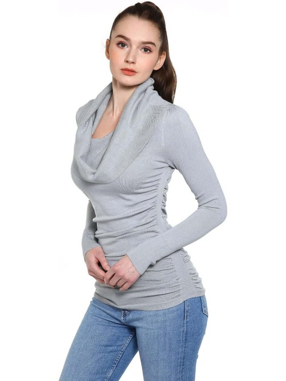 Casual Slim Fit Cowl Neck Long Sleeve Ruched Sides Pullover Tunic Sweater